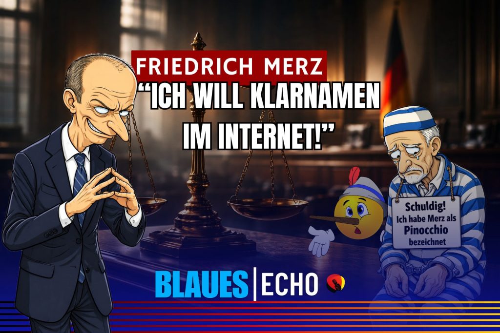 Friedrich Merz Klarnamenpflicht Pinocchio Karikatur: CDU-Chef fordert Identifizierung im Netz – Satire wird kriminalisiert. Blaues Echo kritisiert Kontrolle statt Freiheit.
