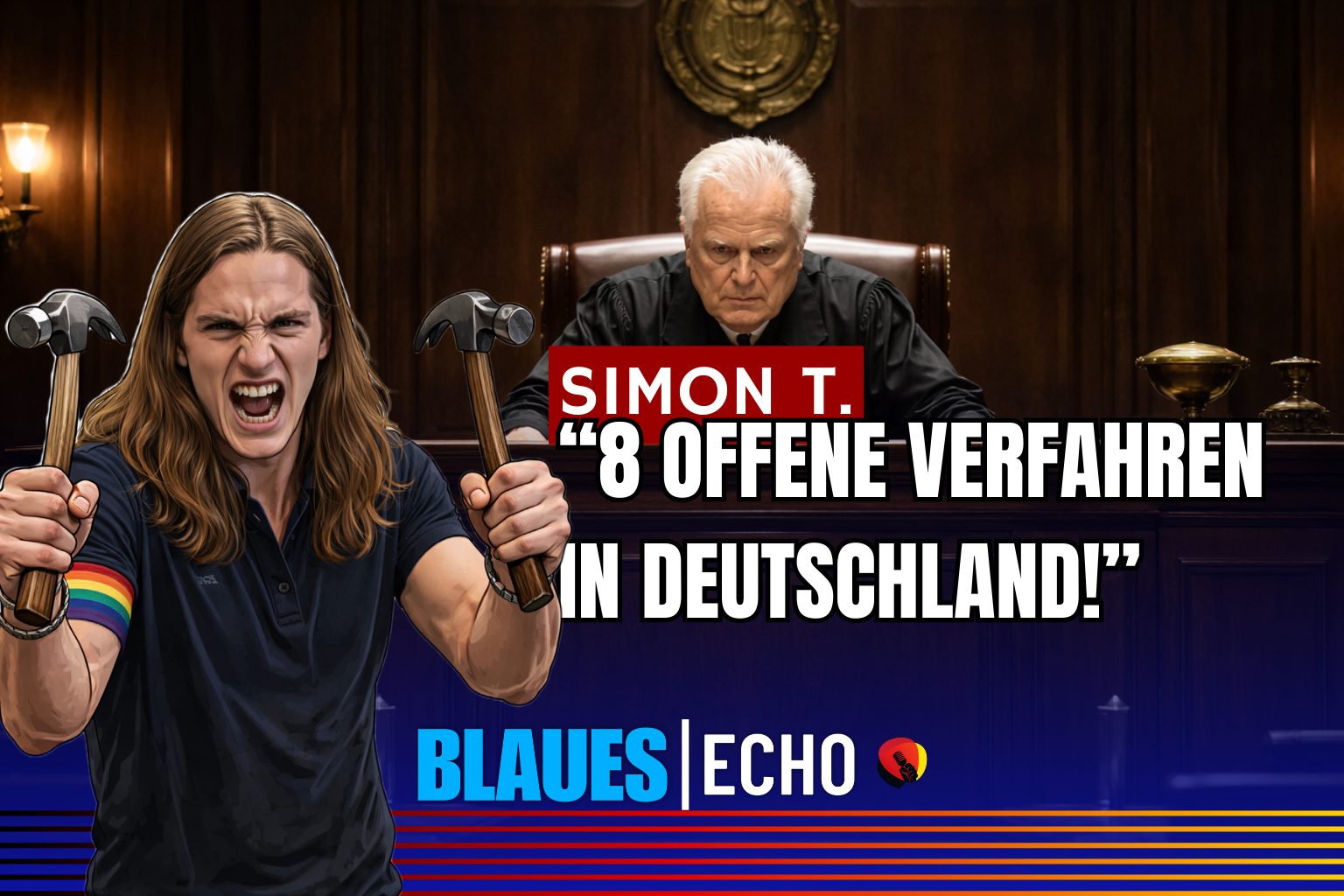 Blaues Echo Grafik Simon T. mit Hämmern und Gerichtsszene