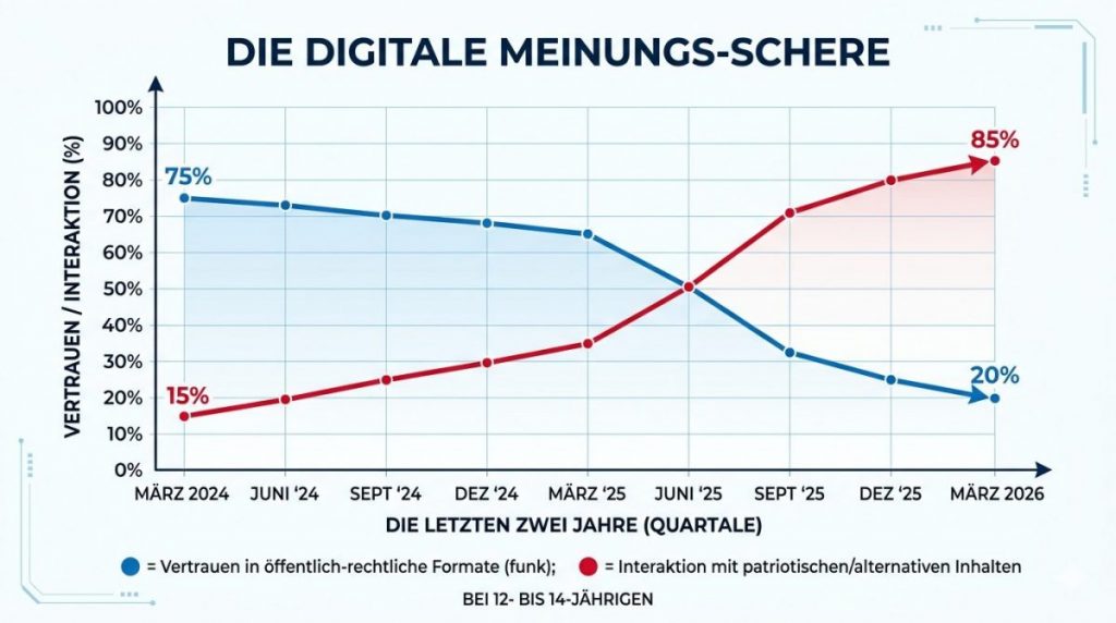 Diagramm zum Vertrauensverlust Jugendlicher in Staatsmedien gegenüber dem Aufstieg patriotischer Online-Inhalte.
