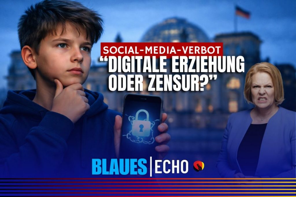 Ein Jugendlicher mit Smartphone vor dem Reichstagsgebäude, das Display zeigt ein Symbol für Zensur oder Sperre.