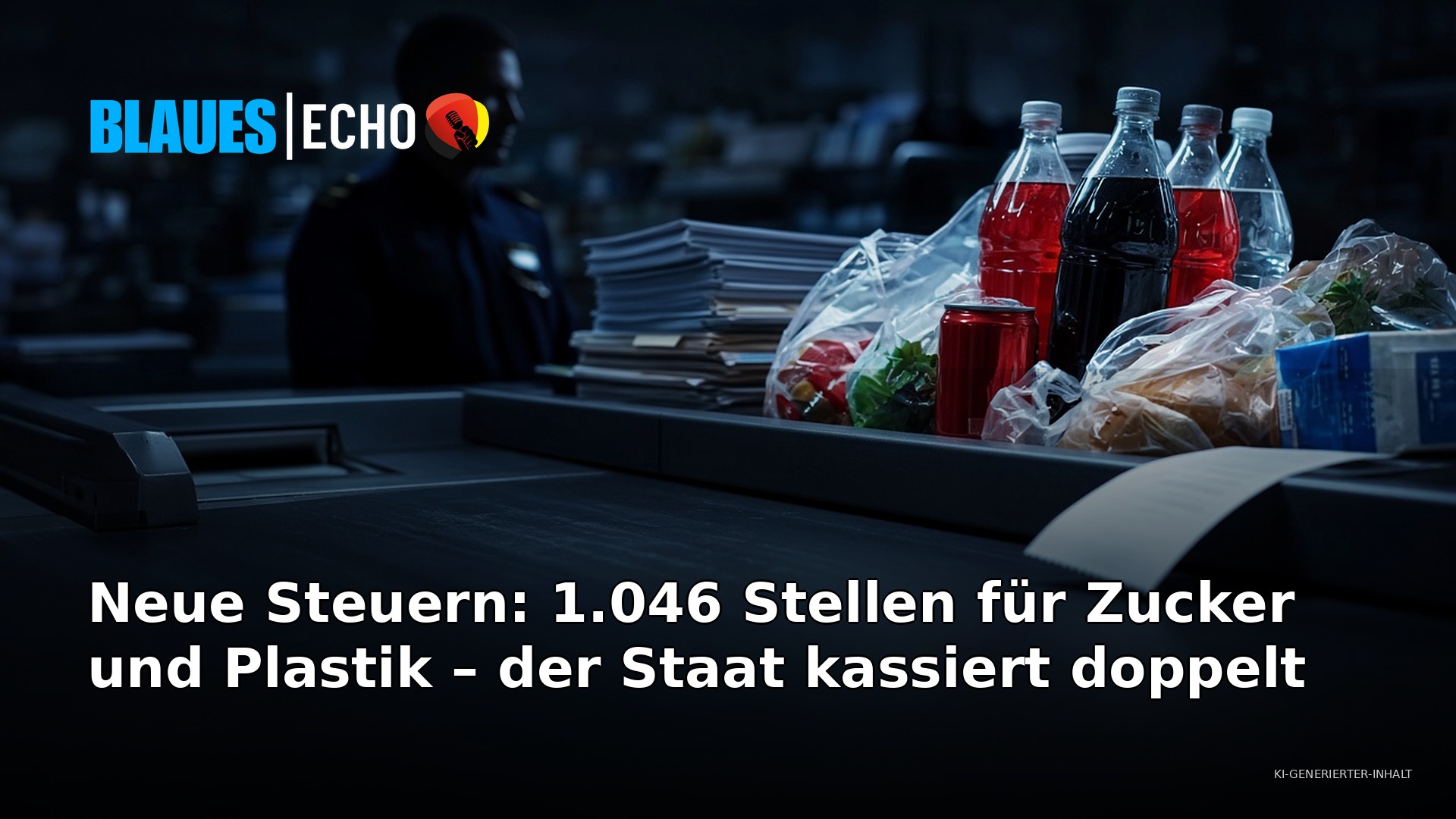 Neue Steuern: Supermarktkasse mit Limo-Flaschen und Plastikverpackungen – Zucker- und Plastiksteuer ab 2027