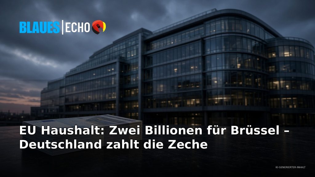 EU Haushalt: Glasfassade eines EU-Gebäudes mit Geldstapel – Deutschland zahlt die Zeche