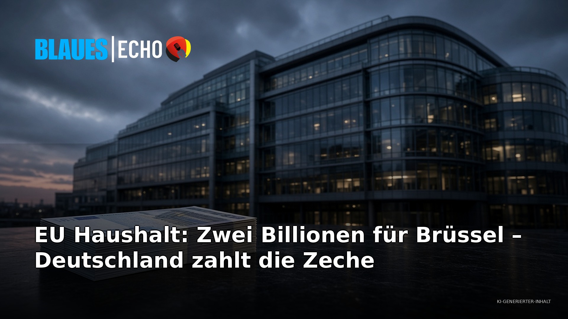 EU Haushalt: Glasfassade eines EU-Gebäudes mit Geldstapel – Deutschland zahlt die Zeche